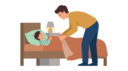 Fototapeta premium Father tucking in his child into bed at night with a bedside lamp on