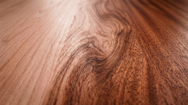 Natural alder wood grain textures with warm mahogany background, cinematic bright light on blank wooden tabletop with copy space
