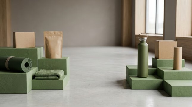 Eco - friendly sport packaging mockups with yoga mat, bottle, and boxes on green blocks