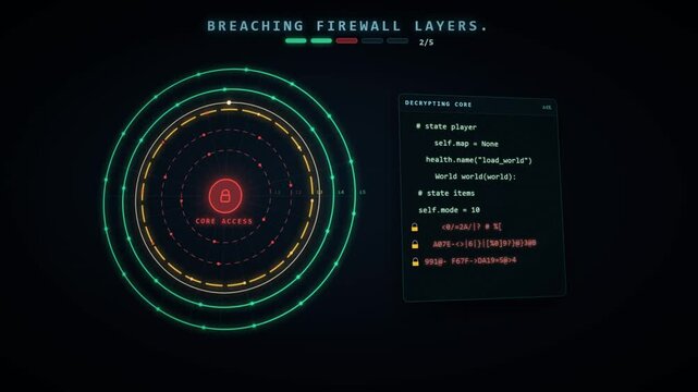 Breaching firewall layers animation with concentric rings code and core access granted on dark screen
