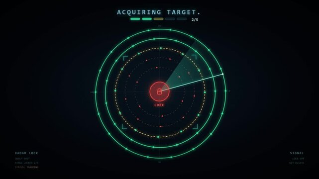 Radar target acquisition animation with sweeping scanner and core lock on dark technology screen