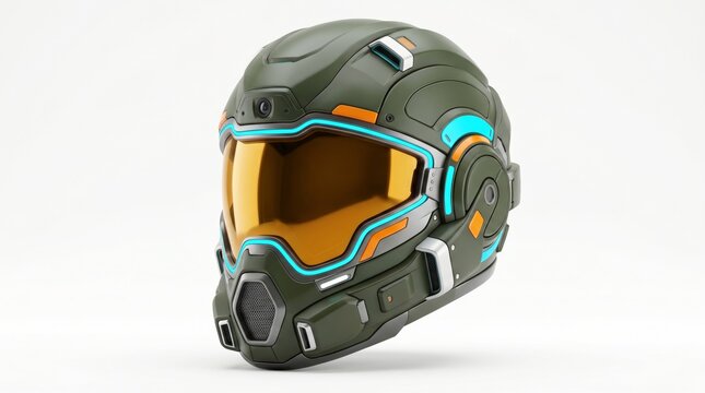 Futuristic Olive Green Tactical Combat Helmet with Golden Visor and Cyan Neon Lighting, Advanced Concept for Science Fiction Gaming