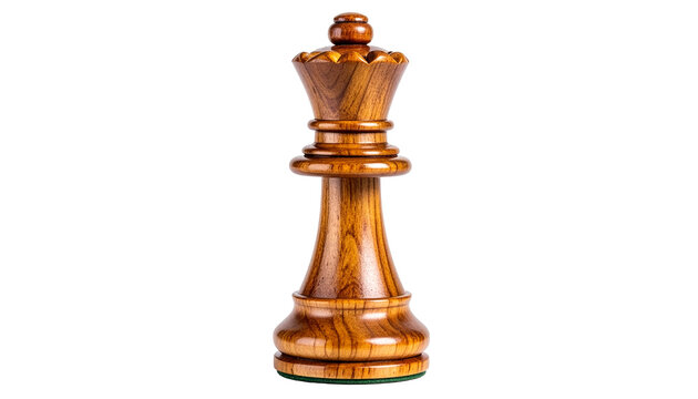 Wooden chess queen piece standing isolated on white background with sharp focus and elegant smooth polished texture