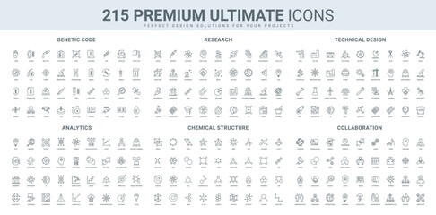 Fototapeta premium Molecular structure and cell, genetics, engineering and technical design, teamwork line icon set. Science analytics, chart and system, stats research thin black outline symbols vector illustration