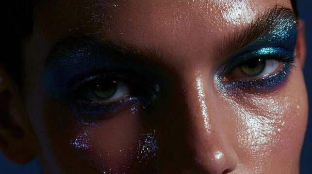 Close-up of a woman's face, specifically her eyes and nose. she has a dramatic and dramatic makeup look with a combination of blue and purple tones.