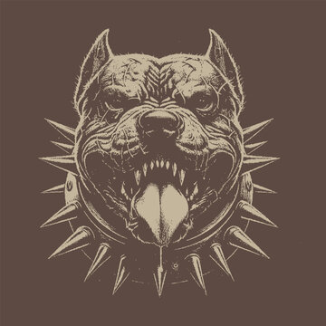 Aggressive Pitbull Head With Spiked Collar in Black Ink Style