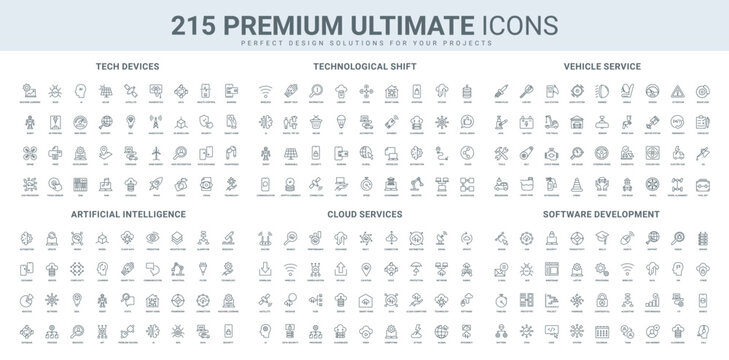 Tech devices support and diagnostics, car service, innovation with artificial intelligence line icon set. Automotive parts and engine, digital project thin black outline symbols vector illustration