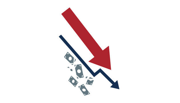 Financial crisis illustration showing a blue line graph and a large red arrow pointing downwards with dollar bills falling away.
