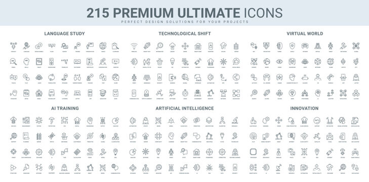 Language learning, future of virtual reality, automatic AI training, digitalization line icon set. Integrated AI to processes and data, bilingual dialogue thin black outline symbol vector illustration