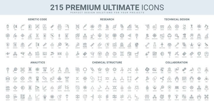 Molecular structure and cell, genetics, engineering and technical design, teamwork line icon set. Science analytics, chart and system, stats research thin black outline symbols vector illustration