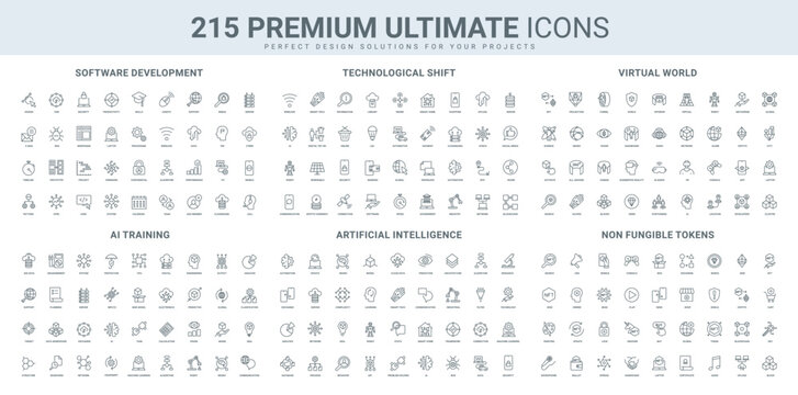 Ultimate icon collection covering artificial intelligence, NFTs, software development, technological shifts, and virtual worlds. Ideal for tech and digital themes.