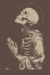 Fototapeta premium Praying Skeleton Figure with Halo in Dark Monochrome Art