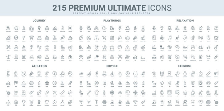Stress relief, bike and accessories of cyclist, fitness and health control app, sport line icon set. Travel, hotel and restaurant, tickets for journey thin black outline symbols vector illustration