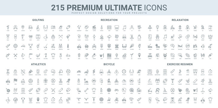 Golfing game and athletics, sport workout, leisure and hobby, stress relief line icon set. Recreation, relaxation, bicycle equipment and sportswear thin black outline symbols vector illustration
