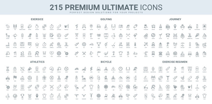 Golf club, sport activity and equipment, travel agency, restaurant and hotel of vacation line icon set. Game, athletics in gym and bicycle exercises thin black outline symbols vector illustration