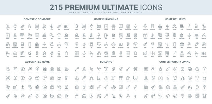 Home comfortable services and utilities, furniture and electrical appliance, decoration line icon set. Contemporary living, house automated control thin black outline symbols vector illustration