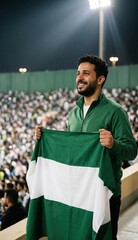 Fototapeta premium Football fan celebrating with green and white flag at stadium