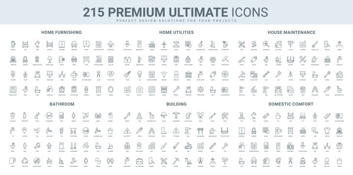 Ultimate icon collection covering home furnishing, utilities, house maintenance, bathroom essentials, and domestic comfort. Perfect for interior design and lifestyle themes.