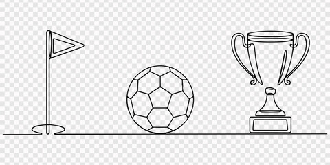 Football ball with championship trophy and flag in single line art style transparent background, Soccer ball with trophy and corner flag drawn in continuous line style Collection of simple vector icon © Gerish