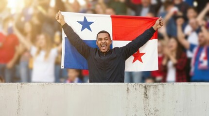 Obraz premium Panamanian football fan celebrating with national flag in stadium