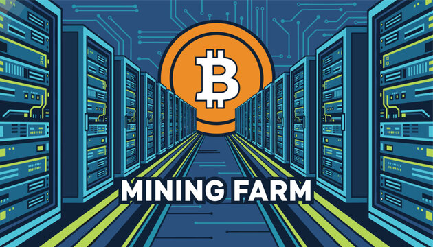 Large orange bitcoin symbol centered in a perspective view of a high tech computer server room for cryptocurrency mining farms.
