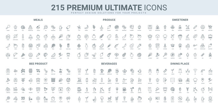 Bee honey, sugar and sweetener, vegetable and fruit line icon set. Drinks for alcohol party, food for breakfast, lunch and dinner in restaurant or at home thin black outline symbol vector illustration