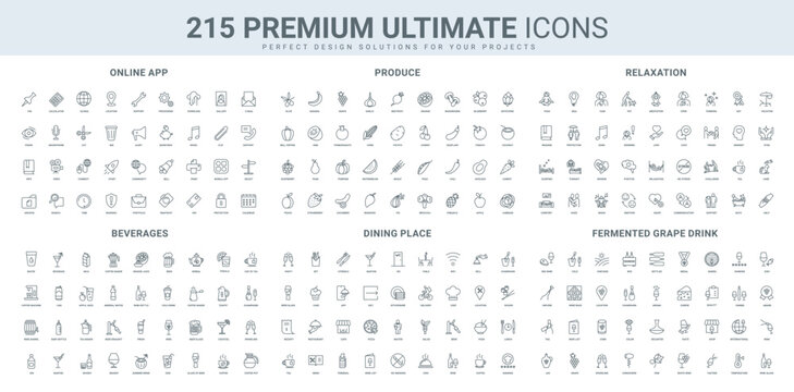 Drinks menu of restaurant or pub, mobile app and services search and support, stress management line icon set. Organic agriculture products, wine thin black outline symbols vector illustration