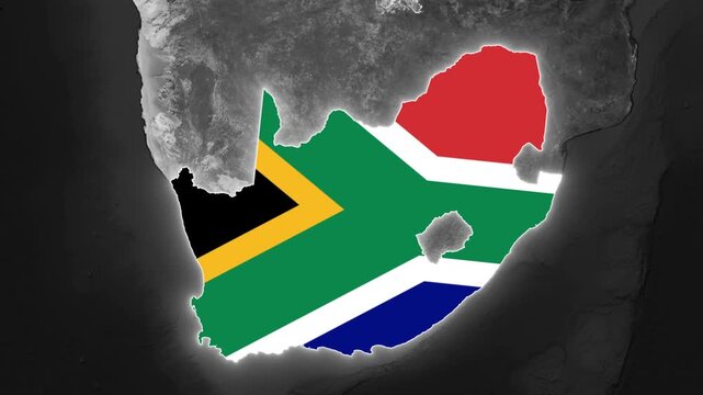 South Africa Map Animation with Flag Texture and Provinces on Black and White Satellite Earth Background