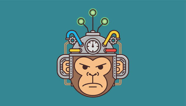 Serious monkey wearing a high-tech robotic helmet with gears wires and a pressure gauge against a teal blue background for sci-fi themes.