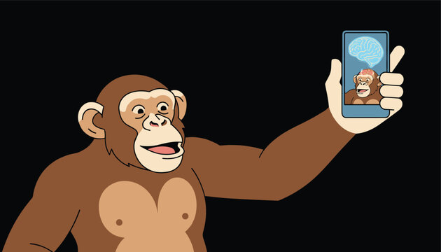 Curious chimpanzee taking a selfie with a smartphone that displays an image of its own head and a large brain on a black background.