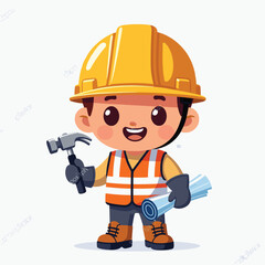 Fototapeta premium Cute chibi construction worker holding a hammer and blueprint, ready for work