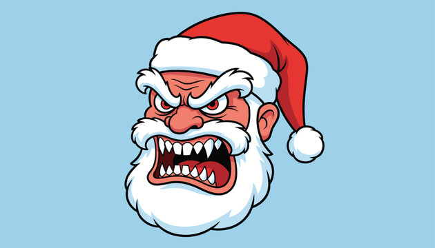 Illustration of an angry Santa Claus head with a fierce expression and sharp teeth against a light blue background.