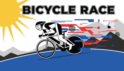 Fototapeta premium Stylized illustration of a cyclist in a bicycle race speeding across a blue road with abstract motion lines and mountains.