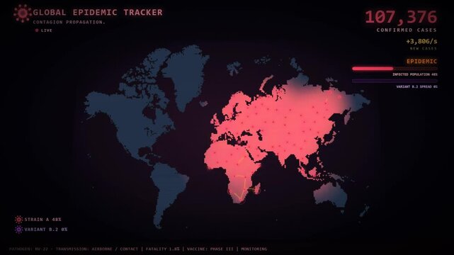 Epidemic variant spread animation with second wave infection world map and rising case statistics