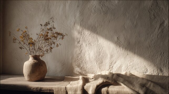 wabi sabi interior with textured plaster walls, handmade ceramic vase, linen fabric, imperfect natural materials, warm muted tones, realistic