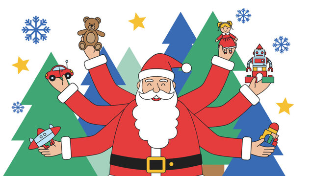 Creative illustration of Santa Claus with multiple arms holding various children toys including a car, teddy bear, and robot.