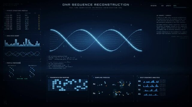 DNA sequence reconstruction animation with rotating double helix and genetic analysis on dark screen
