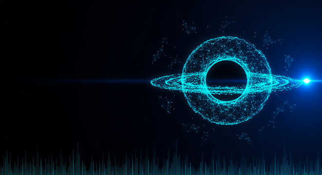 A futuristic digital illustration of a black hole surrounded by a luminous accretion disk and particle streams against a dark cosmic background.