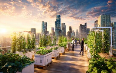 Fototapeta premium Futuristic rooftop hydroponic garden with modern city skyline at sunset
