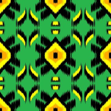 Vibrant Seamless Ikat Geometric Pattern with Green Yellow and Black Tribal Style