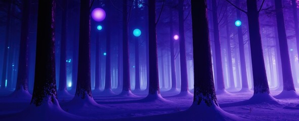 Obraz premium Magical purple forest at night with glowing orbs floating in air. Snow covers ground under tall trees. Scene creates mystical fantasy atmosphere, perfect for holiday or story illustrations.