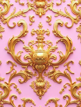 Central ornamental crest or vase motif surrounded by symmetrical gold flourishes and scrolls on a pink backdrop, evoking classical decoration