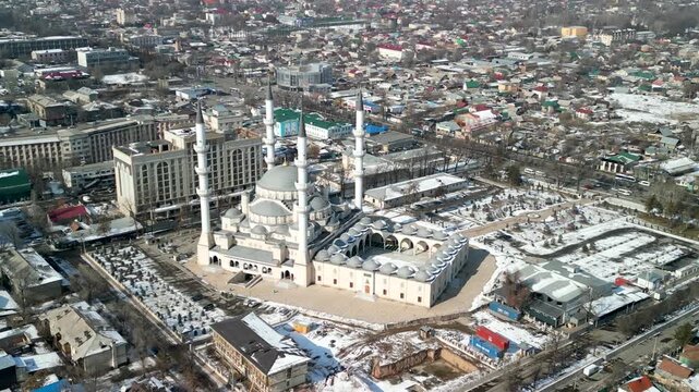 Imam Sarahsi Bishkek Central Mosque, drone far away rotation shot