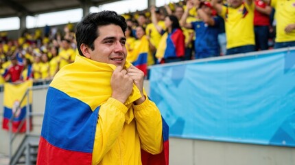 Obraz premium Colombian football fan wrapped in national flag at stadium