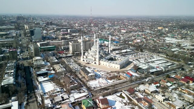 Imam Sarahsi Bishkek Central Mosque, drone fly left shot