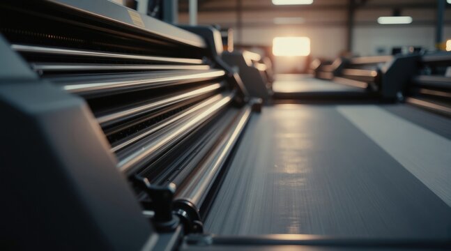 Large format printer rollers move in printing factory. Industrial machinery works fast. Modern technology creates banners posters and signs. Indoor production process.
