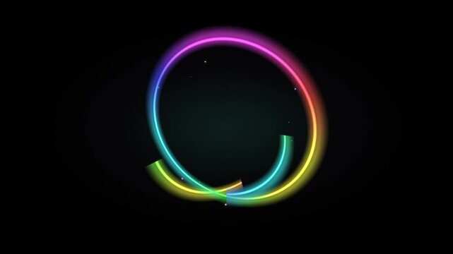 Colorful rainbow neon circle ring spinning on black background for futuristic logo reveal intro