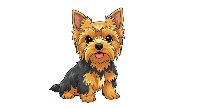 Cute Yorkshire Terrier Dog Cartoon Illustration, Sitting, Tongue Out, White Background