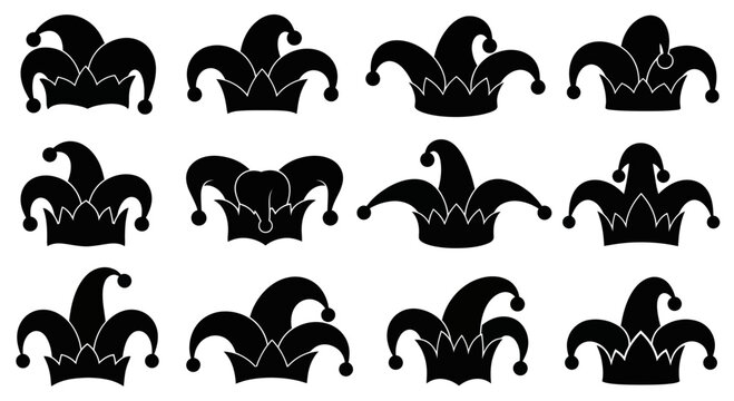 Jester Hat Icons Set, Carnival Costume Symbols, Foolish Headwear Silhouettes
