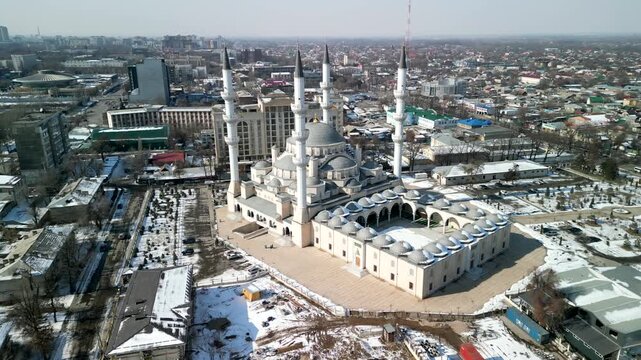 Imam Sarahsi Bishkek Central Mosque, drone rotation to the right shot